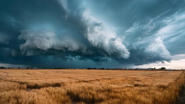 Dramatic storm clouds gather over golden wheat fields at dusk