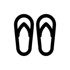 A simple black and white line drawing depicting a pair of flip flops viewed from directly above on white background