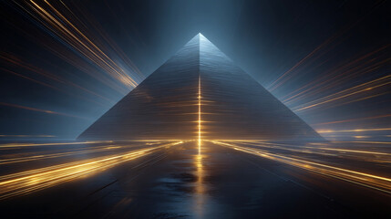 Futuristic Pyramid with Accelerating Light Trails in Neon Night Sky