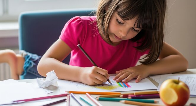 A young girl is focused on drawing a picture with colored pencils at a desk, showing creativity, concentration, and childhood activities. Little Girl Drawing with Colored Pencils