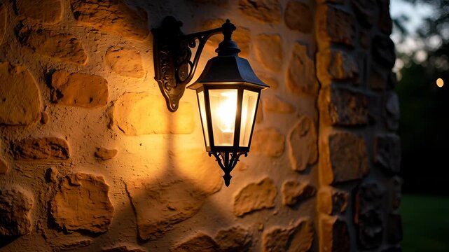 Vintage wrought iron lantern glowing warm light rustic stone wall outdoors dusk creating cozy inviting glowing outdoor light