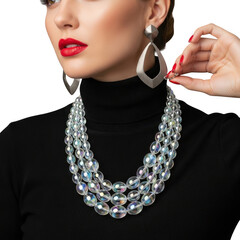 Woman wearing a statement silver bead necklace and earrings isolated on transparent background