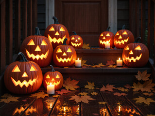 Fototapeta premium Sinister Totem Pumpkins – Halloween Stack of Shadows.