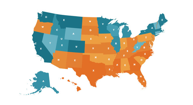 Dynamic data visualization of the United States map illustrating a distribution across various states with distinct color coding for easy interpretation of geographic trends and statistical analysis