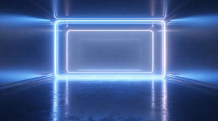 Abstract Futuristic Neon Gateway: Glowing Blue Frame Inside A Sci-Fi Corridor
