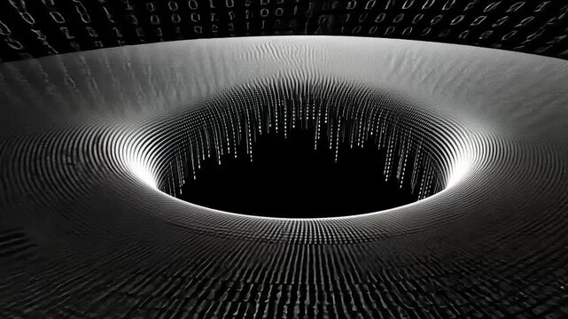 Abstract black and white swirling pattern with digital code