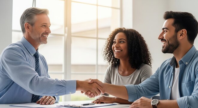 A happy couple is meeting with a financial advisor, suggesting financial planning, investment advice, and a positive relationship with their advisor. Happy Couple Meeting with Financial Advisor - Powered by Adobe