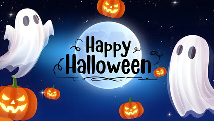 Fototapeta premium Happy Halloween Witch Flying on Broomstick with Full Moon Background