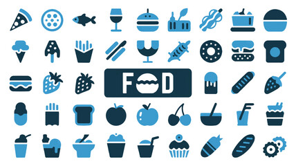 A Collection of Blue and Dark Blue Food and Drink Icons on a White Background vector illustration