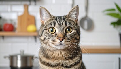 Close-up of a tabby cat's face, indoor kitchen background with cabinets and a pot