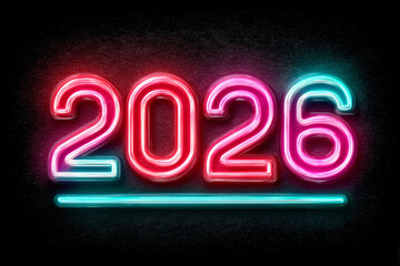 Neon sign displaying year 2026 in vibrant pink and blue colors, glowing against dark background