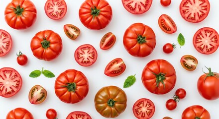 Tomato Pattern. A flat lay featuring a pattern of whole and sliced tomatoes, including cherry tomatoes and heirloom varieties, scattered on a white background with basil leaves.