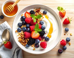 A vibrant and healthy breakfast bowl of creamy yogurt topped with crunchy granola, assorted fresh berries, and sweet honey