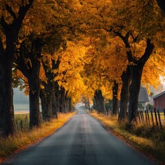A beautiful country road lined with mature trees displaying vibrant golden autumn foliage creates a picturesque tunnel.