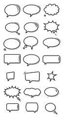 Fototapeta premium Dynamic collection of black outline speech bubbles, thought clouds, and burst shapes with subtle drop shadows, perfect for various communication graphics and digital messaging designs