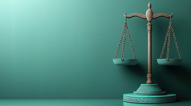 Stylized teal balance scale on gradient pedestal background blending minimalist legal symbolism smooth textures and visual themes of justice fairness ethics