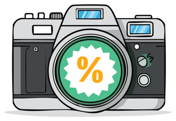 Vintage camera with a percent sign on the lens for sales and promotions illustration