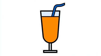 A stylized illustration of a tall glass filled with orange liquid and a blue straw, depicted in a simple, modern graphic style.