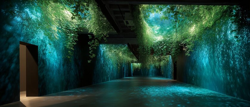 Mesmerizing experiential art installation features lush greenery and immersive projection mapping, creating serene and enchanting atmosphere. space is filled with cascading plants and dynamic