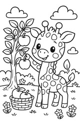 Cute giraffe picking apples from a tree in an orchard coloring page