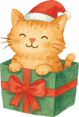 Vector watercolor painted illustration of a cat in a christmas present box