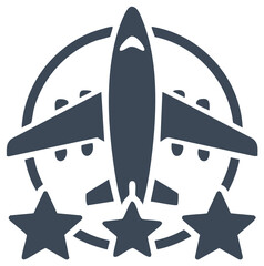 Modern flat design icon of an airplane and three stars representing excellent flight service