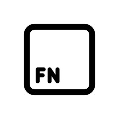 A black and white illustration of a keyboard key with the letters fn inside a rounded square shape icon key