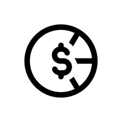 A simple black and white icon depicting a dollar sign inside a circle with a segmented section removed
