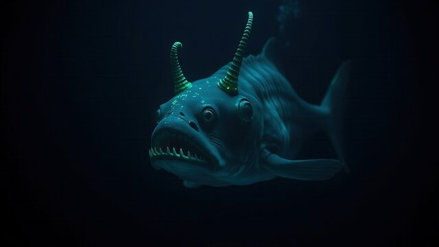 A deep-sea chimaera glowing with bioluminescent forehead lights in the dark ocean abyss.