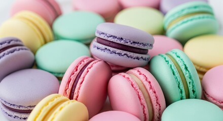 Fototapeta premium A close-up of a colorful assortment of macarons, representing desserts, sweets, French pastry, treats, and indulgence. Colorful Macarons