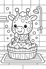 Cute giraffe taking a bubble bath in a wooden tub illustration art