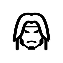 Illustration of a stylized male face with long hair and an angry expression on a white background design