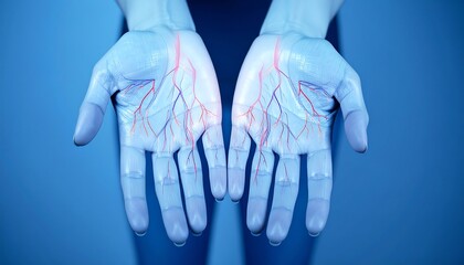 Luminescent hands with visible veins on a blurred cyan background; rendering
