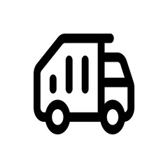 Simple black and white line drawing of a dump truck icon with a raised bed and visible wheels design