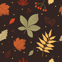 Fototapeta premium Fall seamless pattern with autumn leaves in shades of orange, yellow, red, and green gently float across a dark brown background.