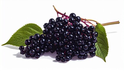 A bunch of elderberries on a stem photorealistic detail white background with subtle shadows
