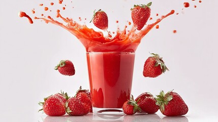 A vibrant splash of fresh strawberry juice erupts from a glass, surrounded by ripe strawberries on a reflective surface.
