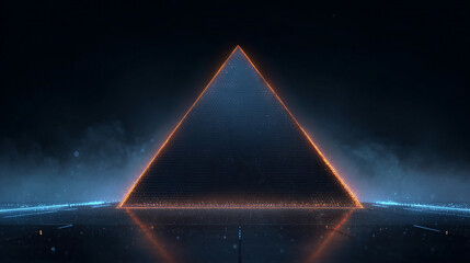 Futuristic Neon Pyramid Gate Sparkling on Reflective Floor With Misty Blue Glow