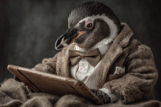 Penguin dressed in tuxedo holds tablet, exuding playful and sophisticated vibe
