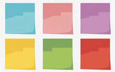 Six colorful sticky notes with a layered corner effect on a transparent background paper memo