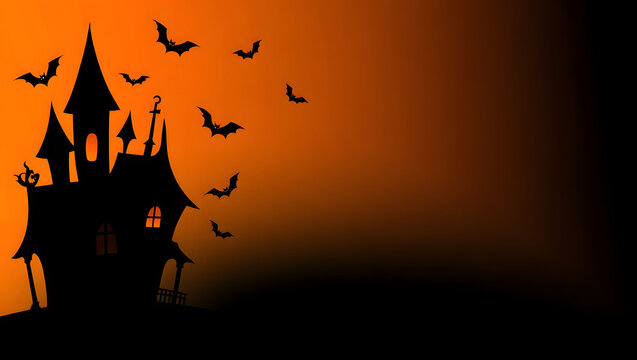 Happy Halloween Haunted House with Flying Bats on Spooky Orange Background (1)