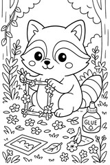 Cute raccoon crafting a floral frame in a whimsical woodland scene drawing