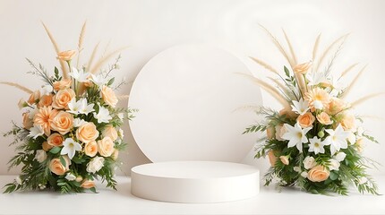 Elegant wedding stage decor with floral arrangements and circular arch