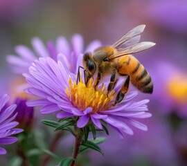A vibrant, detailed close-up of a honeybee collecting nectar from a purple aster flower.