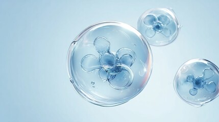 A close-up view of transparent, spherical objects containing intricate, flower-like structures, set against a soft blue gradient background.