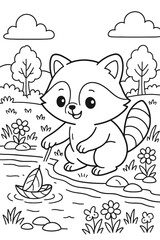 Cute raccoon plays with leaf boat in a river coloring page for kids © Rizhan Alkhairan