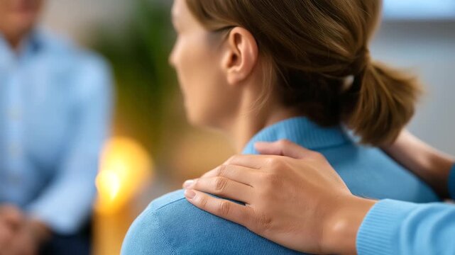 A compassionate therapy group supporting a crying participant hands gently placed on shoulders warm soft light emphasizing empathy composition symbolizing emotional healing com