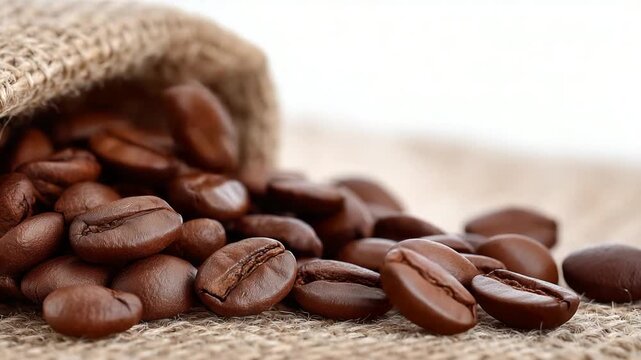 Close-up of organic coffee beans spilling from a burlap sack, highlighting rustic textures against a clean white background.