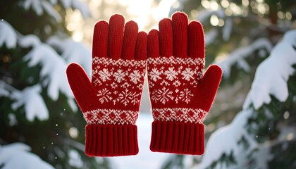 Red knitted gloves with snowflake patterns are held out in a winter forest