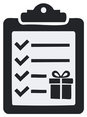 Clipboard with checklist, tick marks, and gift box icon, symbolizing tasks and rewards